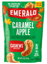Emerald Salted Caramel Apple Cashews in resealable bag for on-the-go snacking.