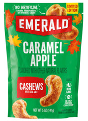 Emerald Salted Caramel Apple Cashews in resealable bag for on-the-go snacking.