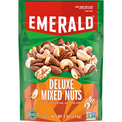 Emerald Salted Deluxe Mixed Nuts 5oz bag—crunchy, savory snack for on-the-go enjoyment.