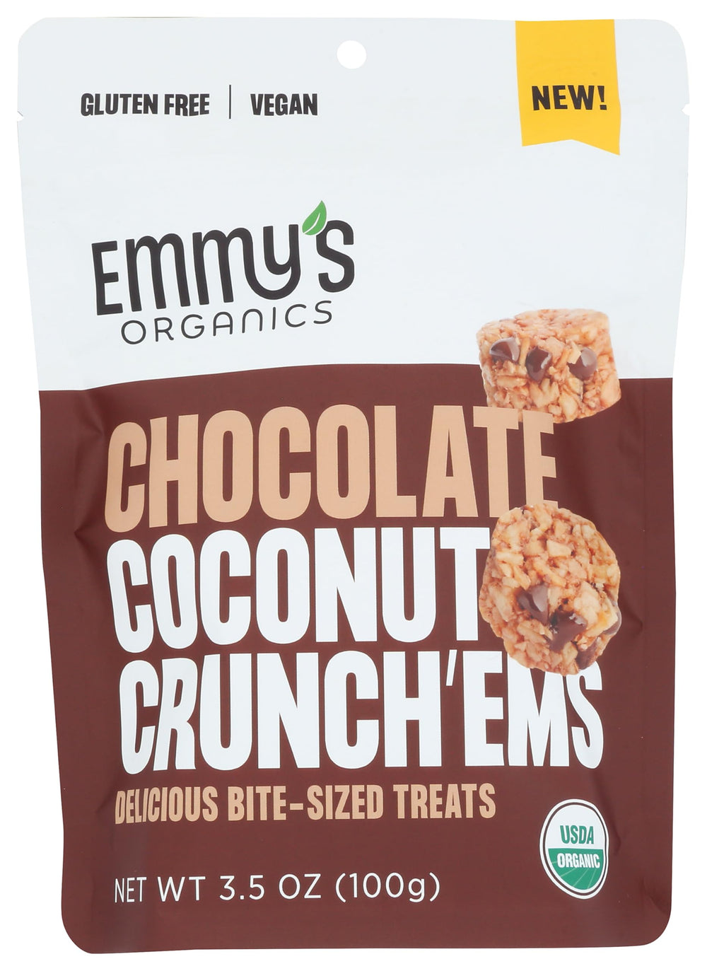 Emmys Organic Chocolate Coconut Crunch 3-5oz pack on-the-go energy snack.