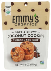 Emmy's Organics chocolate chip coconut cookies pack front view, gluten-free and vegan appeal.