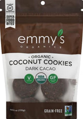Emmy's Organics cookies on a wooden board highlighting organic vegan gluten-free.