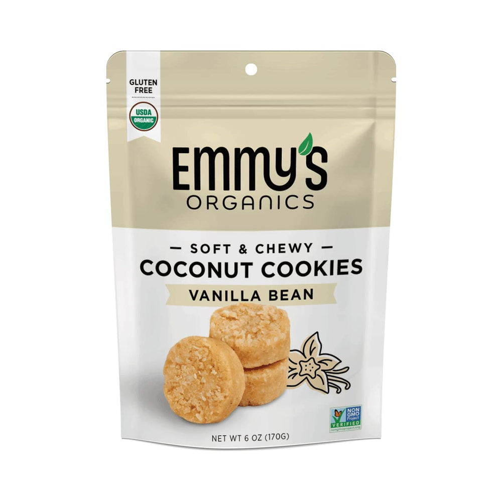 Emmy's Organics Vanilla Bean Coconut Cookies pack showing a gluten-free vegan snack