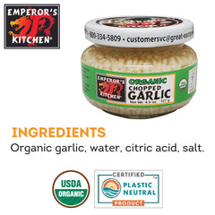 Emperor's Kitchen garlic jar label shows USDA organic certification and clean ingredients