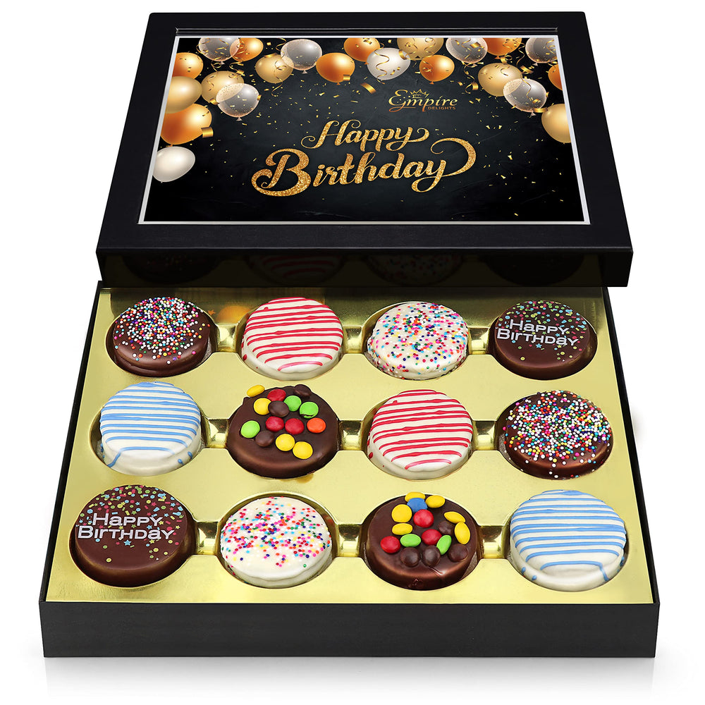 Empire Delights birthday cookies gift basket—gourmet chocolate cookies ready for gifting.