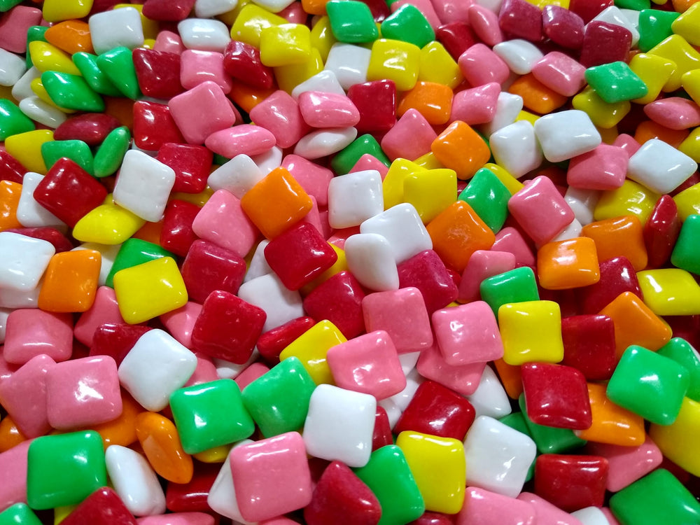 EMPORIUM CANDY Chiclet Gum 1lb box showing colorful fruity pieces for sharing.