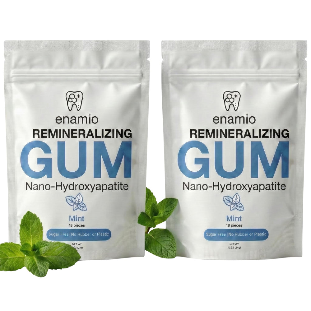 Enamio Mint Remineralizing Gum two-pack box front view highlighting enamel support benefits