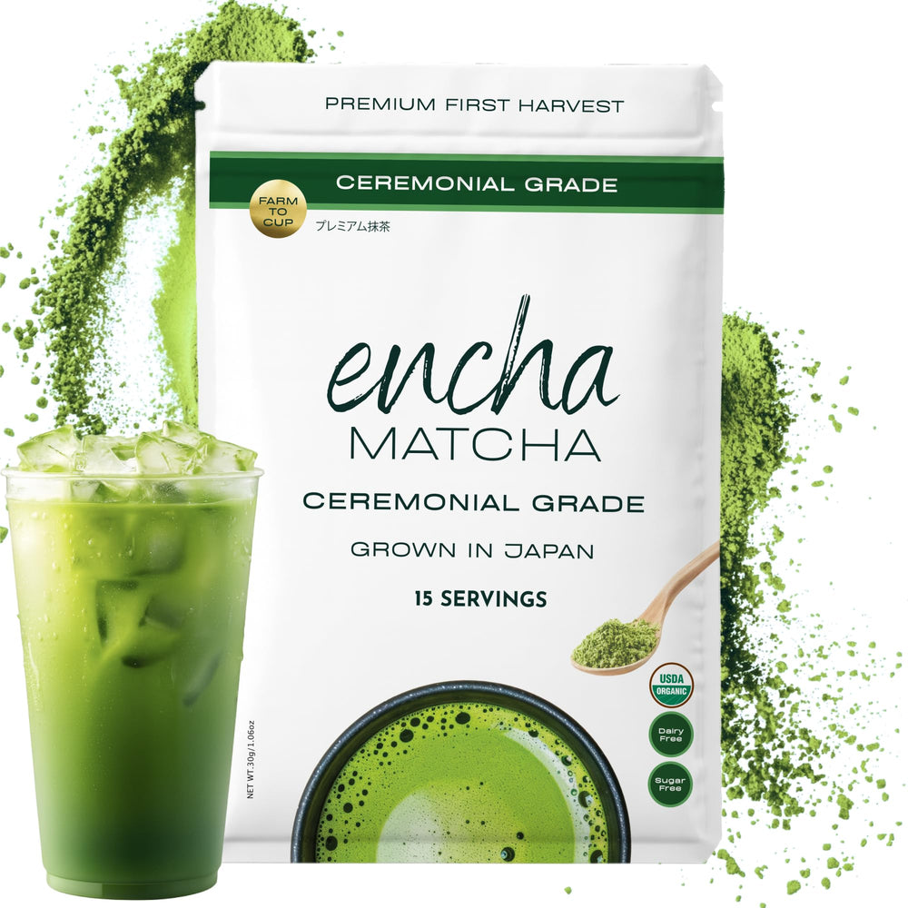 Encha ceremonial-grade matcha powder packaging highlights premium organic tea for daily rituals.