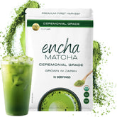 Encha ceremonial-grade matcha powder packaging highlights premium organic tea for daily rituals.
