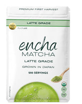 Encha latte-grade packaging close-up highlighting organic matcha for lattes