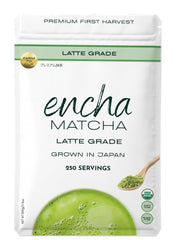 Encha latte-grade packaging close-up highlighting organic matcha for lattes