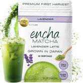 Encha Lavender Matcha Latte powder bottle showcasing premium first-harvest blend for calming lattes.