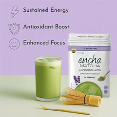 Steam rises from a cup of Encha Lavender Matcha Latte powder infusion.