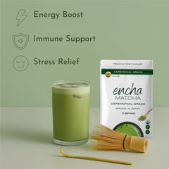 Encha smooth green matcha powder texture, ready for ceremonial whisking and latte-inspired beverages.