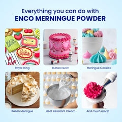 ENCO Meringue Powder mixing bowl scene highlights smooth blend for delicate meringues.