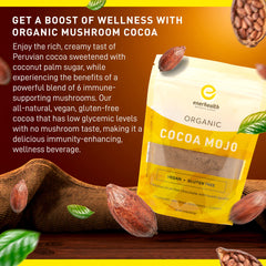 EnerHealth Cocoa Mojo bottle displays six organic mushroom extracts for a balanced cup