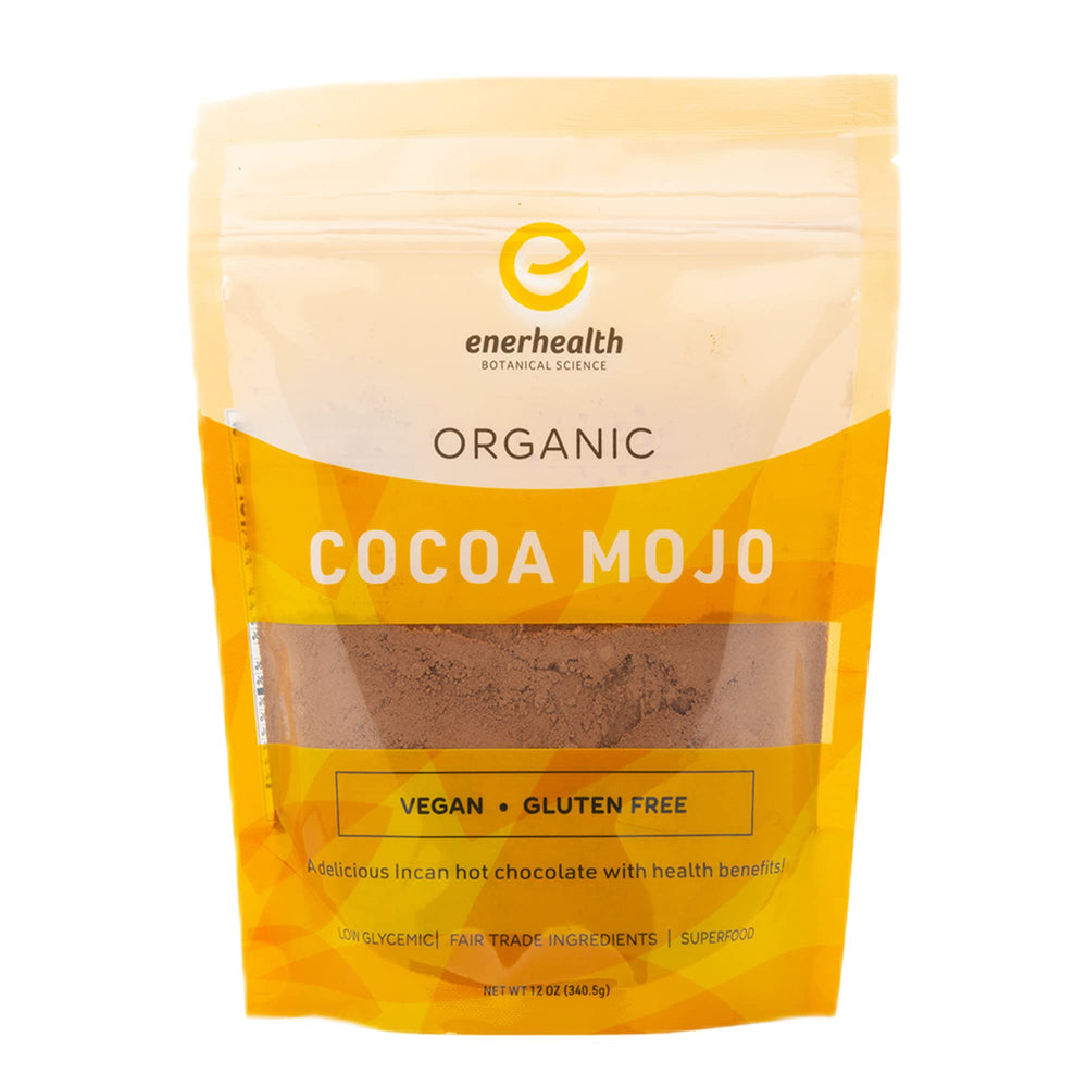 EnerHealth Cocoa Mojo steaming cup illustrates rich aroma and creamy texture for cozy evenings