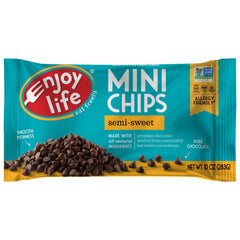 Close-up of Enjoy Life Semi-Sweet Chocolate Mini Chips highlighting smooth texture and allergen-friendly ingredients.