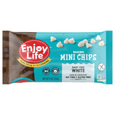 Enjoy Life White Mini Chips bag on display, ideal for baking and snacking.