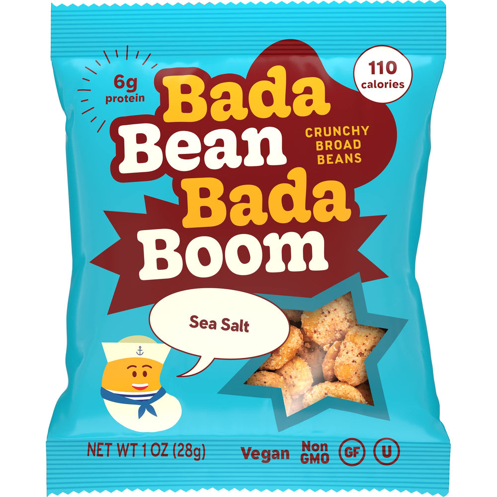 Enlightened Bada Bean Bada Boom roasted fava beans close-up, crunchy protein snack