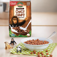 EnviroKidz Choco Chimps cereal pouring shot emphasizes quick, easy mornings.