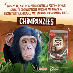 EnviroKidz Choco Chimps cereal close-up highlights light, airy puffs that stay crunchy.