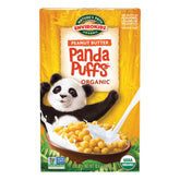 EnviroKidz Panda Puffs cereal box highlights organic ingredients for a wholesome breakfast.