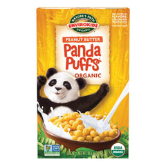 EnviroKidz Panda Puffs cereal box highlights organic ingredients for a wholesome breakfast.