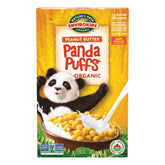 EnviroKidz Peanut Butter Panda Puffs box and bowl, kid-friendly breakfast with crispy peanut flavor.