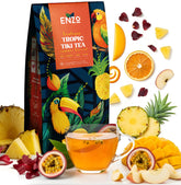 Enzo's Tea Master Reserve Tropical Tiki packaging highlighting premium tropical blend for evenings.