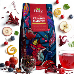 Enzo's Crimson Harvest tea tin closeup, ideal for a calming afternoon ritual.