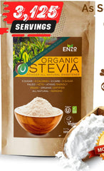 Enzo's Organic Stevia Powder jar showcases premium all-natural sweetness with zero calories.