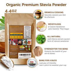 Enzo's Organic Stevia Powder pouring captures quick, mess-free sweetening in drinks.