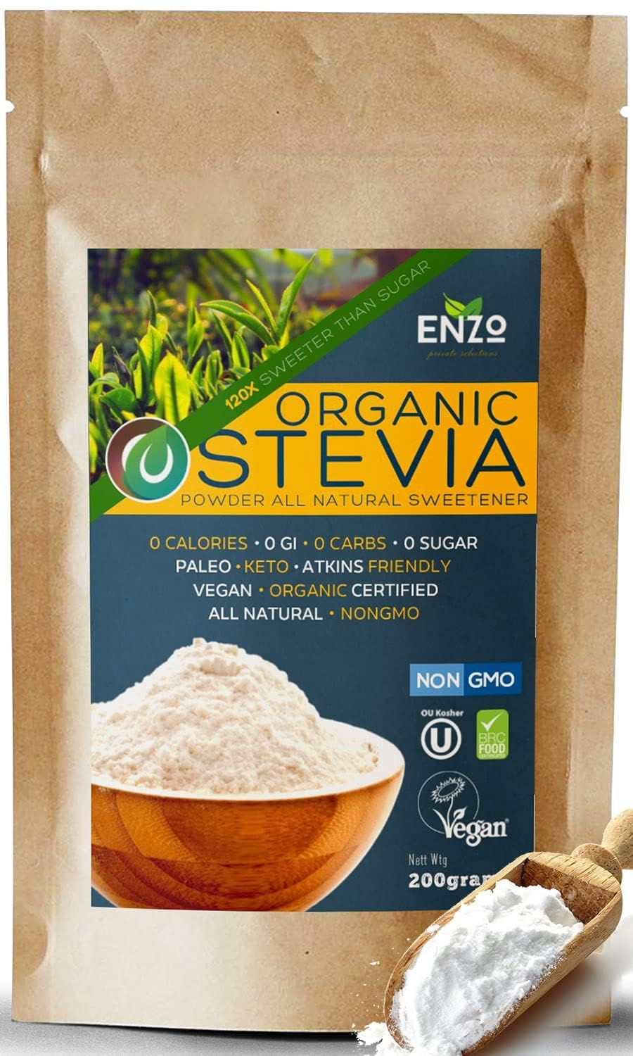Enzo's Private Selection stevia powder bag front view; natural, calorie-free sweetener for sugar-free beverages.