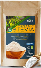 Enzo's Private Selection stevia powder bag front view; natural, calorie-free sweetener for sugar-free beverages.