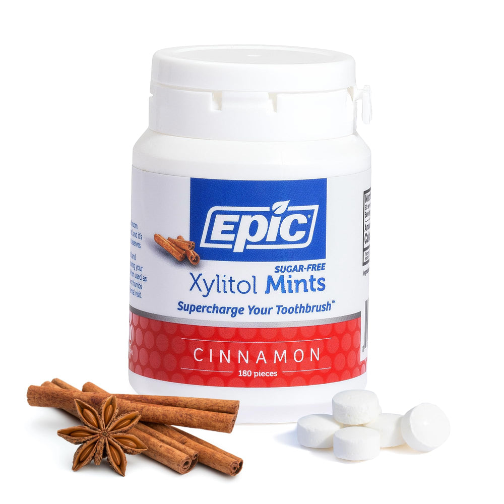 Epic 100% Xylitol Mints packaging with cinnamon flavor for 180-count refreshment
