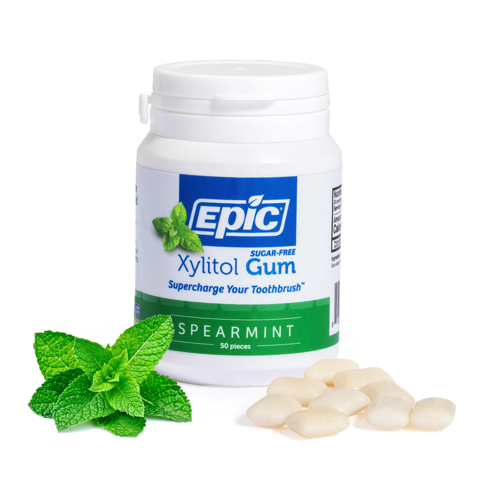Epic 100% Xylitol Spearmint Gum pack shot highlighting fresh breath and daily care