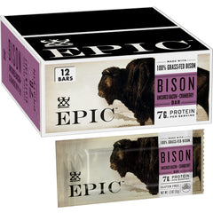 EPIC Bison Uncured Bacon and Cranberry Bars packaging showing a convenient 12-bar box.