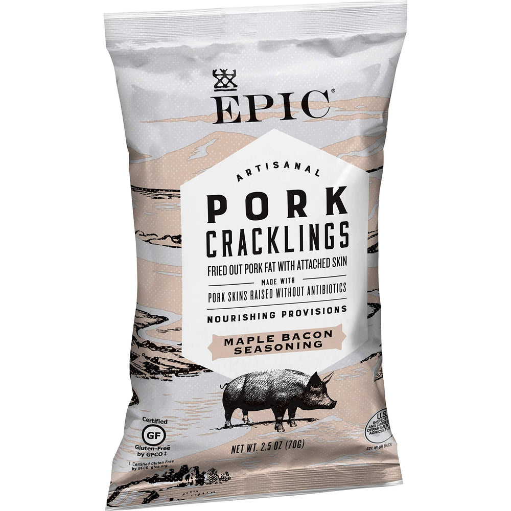 EPIC Maple Bacon Seasoning Pork Cracklings pack shot highlights crispy texture and protein.