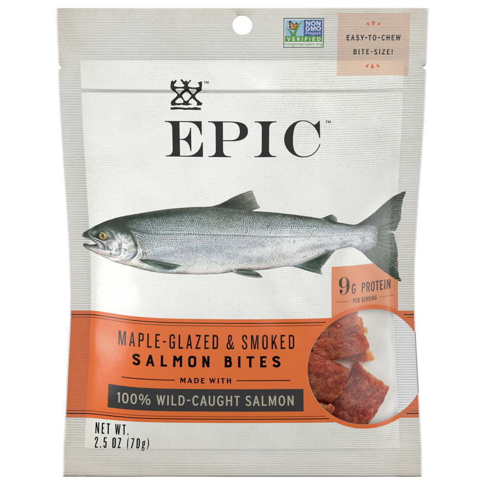 Epic Salmon Jerky Bites with maple and coconut oil, protein-rich on-the-go snack