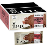 Epic Uncured Bacon Bar packaging shows a convenient 12-bar box for on-the-go protein.