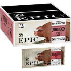 Epic Uncured Bacon Bar packaging shows a convenient 12-bar box for on-the-go protein.