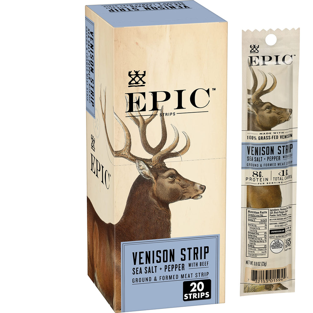 EPIC Venison Strips with Beef box highlighting sea salt and pepper flavor for on-the-go protein