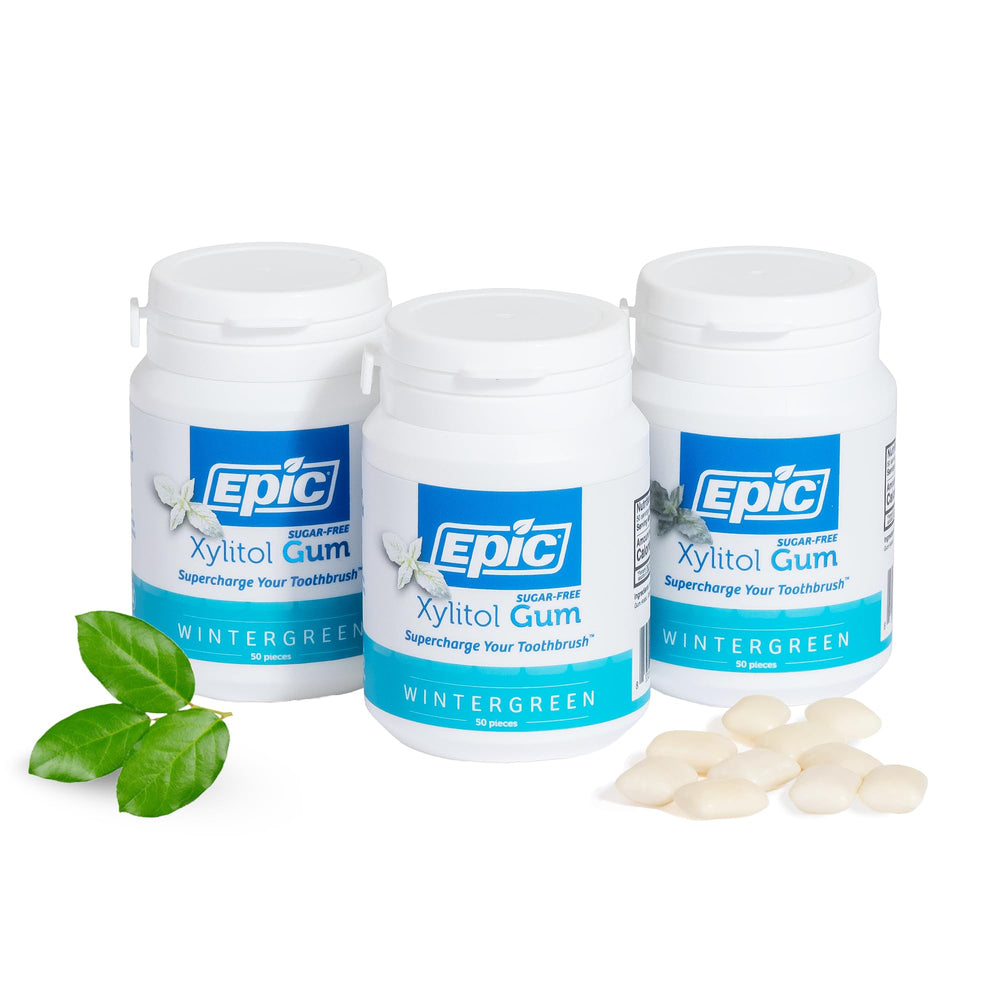 Epic brand wintergreen xylitol gum pack 3 display promotes fresh breath after meals.