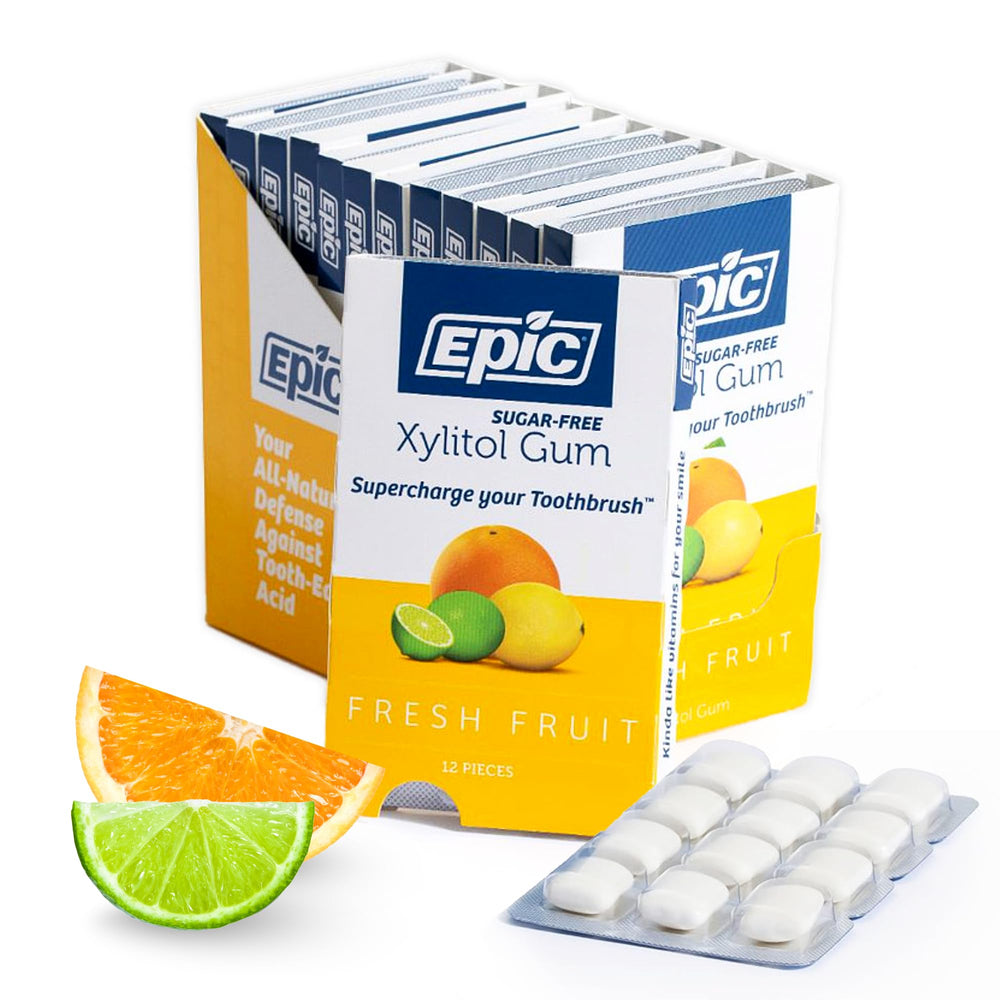 Epic xylitol fresh-fruit gum pack 12 for long-lasting flavor and fresh breath.