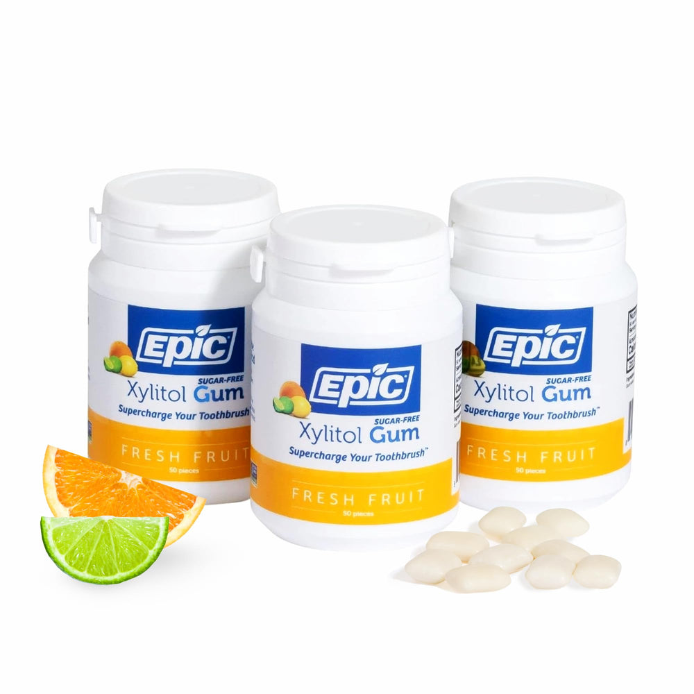Epic Xylitol Fresh Fruit Gum pack front promotes daily fresh breath