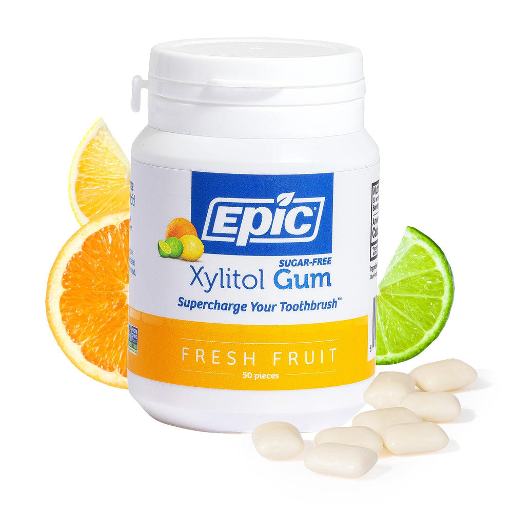 Epic Xylitol Fruit Gum packaging front showing brand and daily oral care focus.