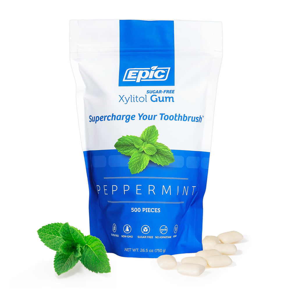 Epic Xylitol Gum peppermint piece promotes long-lasting fresh breath.