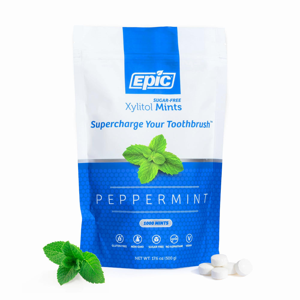 Epic Xylitol Mints pack front with bold branding and peppermint flavor.