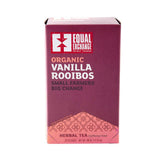 Equal Exchange Vanilla Rooibos Tea box on table, inviting caffeine-free indulgence.